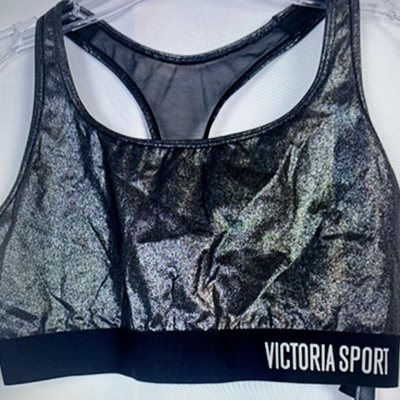 Victoria Sport Shiny Metallic Black and Silver Sports Bra & Leggings Set - Picture 2 of 15